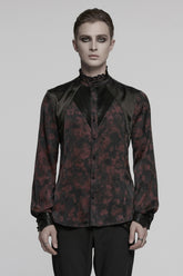 Black/Red Stand Collar Long Sleeves Ruffle Pleated Men's Gothic Blouse